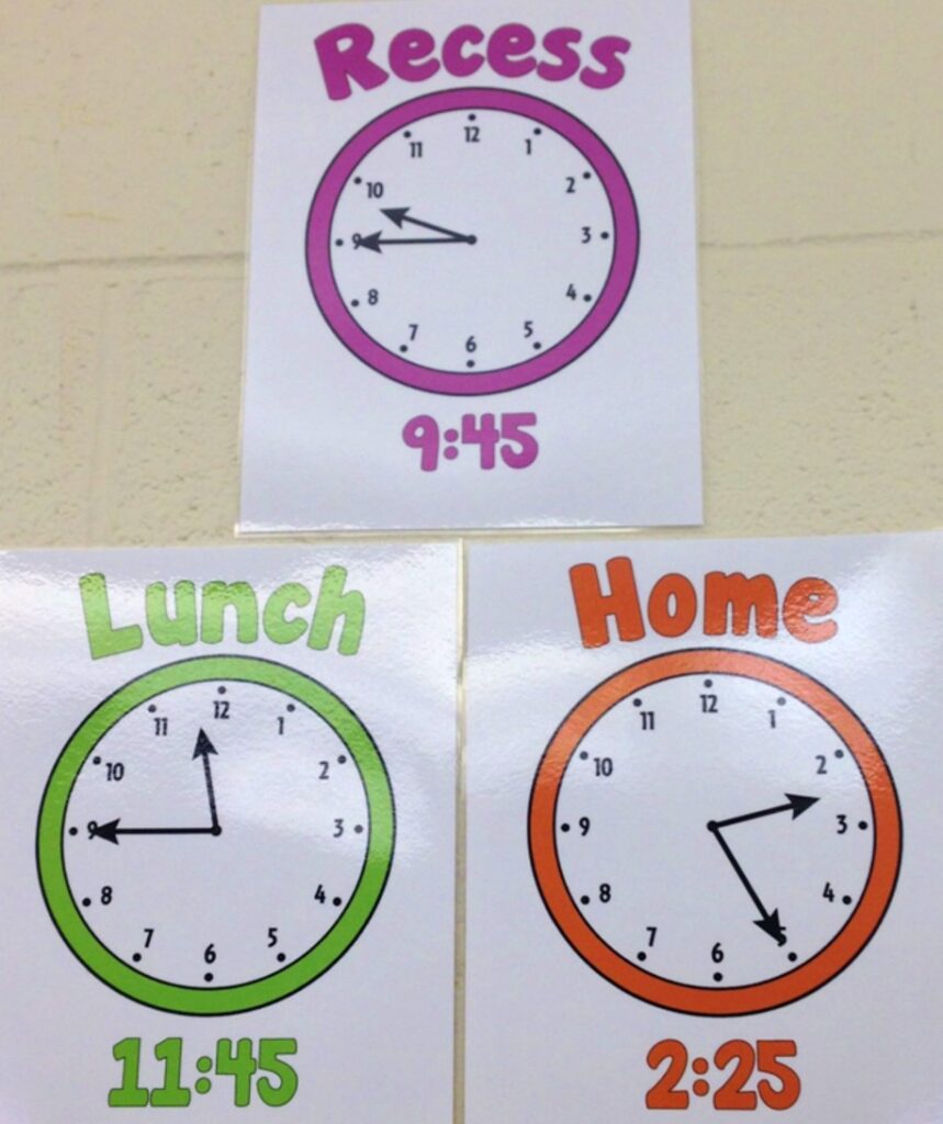 Picture of visual schedules for the classroom using clocks.