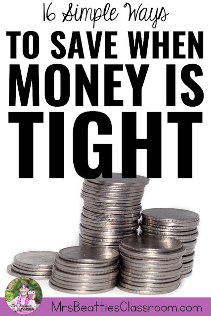 Photo of coins with text, "16 Simple Ways to Save When Money Is Tight."