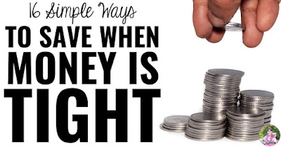 Photo of coins with text, "16 Simple Ways to Save When Money is Tight."