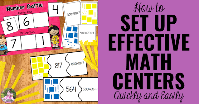 Photo of place value centers with text, "How to Set Up Math Centers Quickly and Easily"