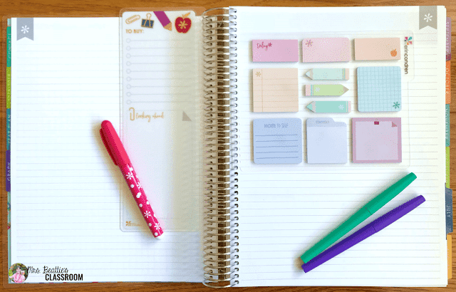 Photo of Erin Condren Teacher Planner notetaking pages with accessories