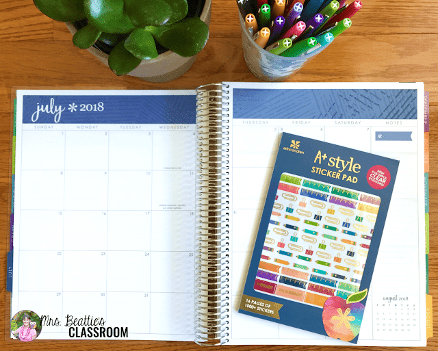 Photo of Erin Condren Teacher Planner month calendar and stickers