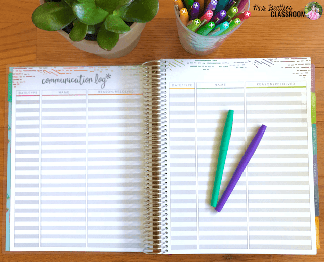 Photo of Erin Condren Teacher Planner communication log pages