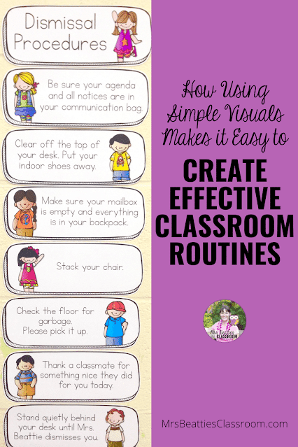 Photo of dismissal procedures display with text, "How Using Simple Visuals Makes it Easy to Create Effective Classroom Routines."