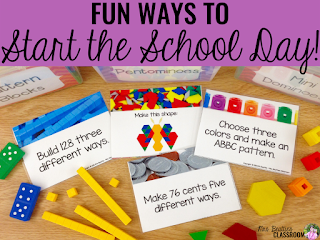 Math activities with text, "Fun Ways To Start The School Day."