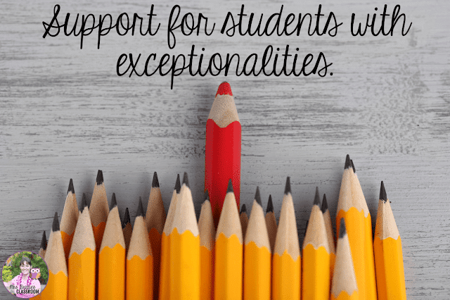 Photo of pencils with one red pencil with text, "Support for students with exceptionalities."