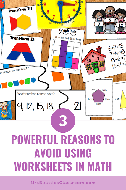 Photo of guided math centers with text, "3 Powerful Reasons to Avoid Using Worksheets in Math."