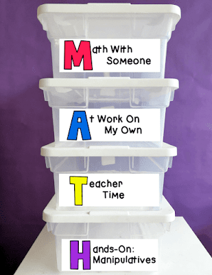 Bins with labels: Math With Someone, At Work On My Own, Teacher Time, Hands-On: Manipulatives