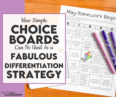 Photo of printable and digital homework bingo with text, "How Simple Choice Boards Can Be Used as a Fabulous Differentiation Strategy."