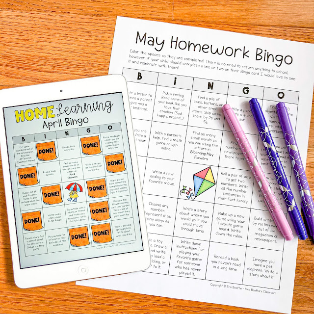 Photo of printable and digital homework bingo choice boards.