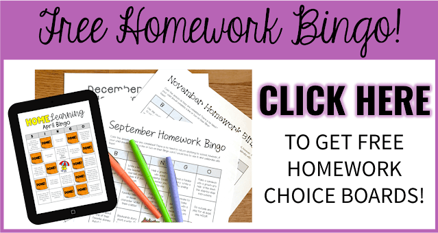 Offer of FREE Homework Bingo samples with text, "Click here to get free homework choice boards!"