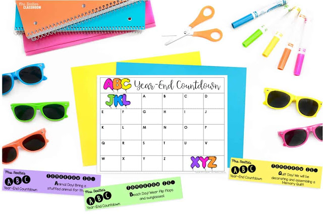 Photo of editable ABC Countdown calendar and home notices with school supplies and colorful sunglasses.