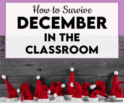 Photo of a row of Santa hats against a wooden backdrop with text, "How to Survive December in the Classroom"