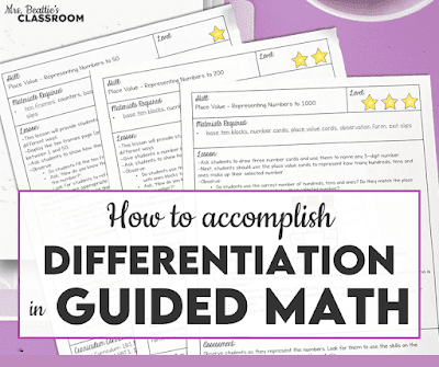 Photo of math lessons in three levels with text, "How to Accomplish Differentiation in Guided Math"