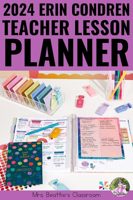 Photo of new Erin Condren teacher planner and accessories on a desk with text, "2024 Erin Condren Teacher Lesson Planner Launch"