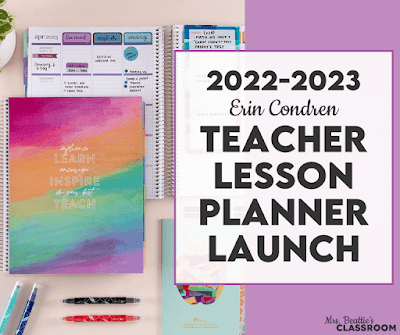 Photo of Erin Condren teacher planner and accessories with text, "2022-2023 Erin Condren Teacher Lesson Planner Launch."