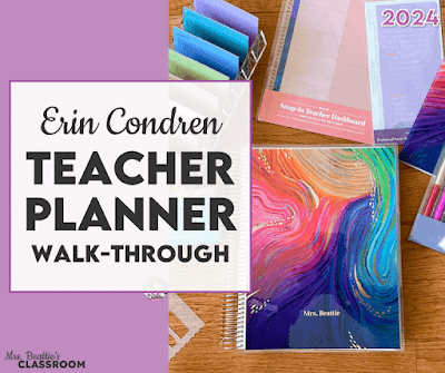 Photo of new teacher lesson planner and accessories on a desk with text, "2024 Erin Condren Teacher Lesson Planner Launch"