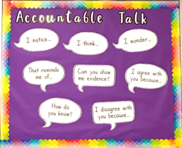 Photo of accountable talk bulletin board with speech bubbles containing conversation starters.