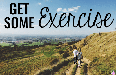 Photo of couple walking on trail with text, "Get some exercise."