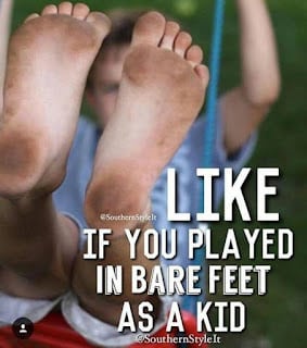 Photo of child's dirty soles with text, "Like if you played in bare feet as a kid."