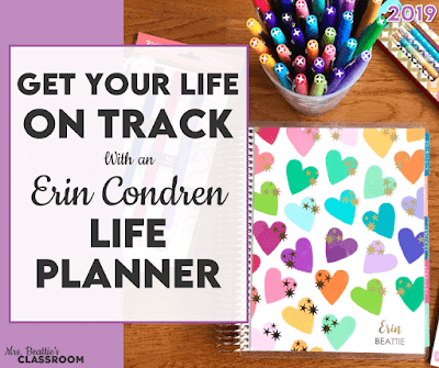 Image of planner and accessories with text, "Get Your Life On Track With An Erin Condren Life Planner."