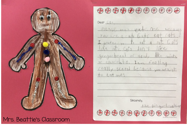 Photo of gingerbread art and writing activity.