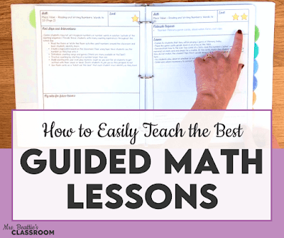 Photo of lessons binder with text, "How to Easily Teach the Best Guided Math Lessons."