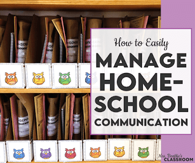 Photo of magazine file boxes with owl labels and school items inside and text, "How To Easily Manage Home-School Communication"