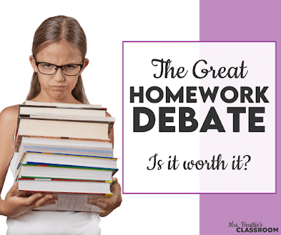 Photo of scowling girl with her arms full of a pile of books with text, "The Great Homework Debate. Is it worth it?"