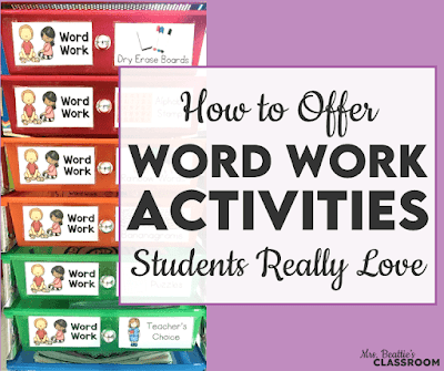 Photo of colorful drawers with word work labels and text, "How to Offer Word Work Activities Students Really Love"