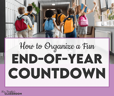Excited students running out of school with text "How to Organize a Fun End of Year ABC Countdown"