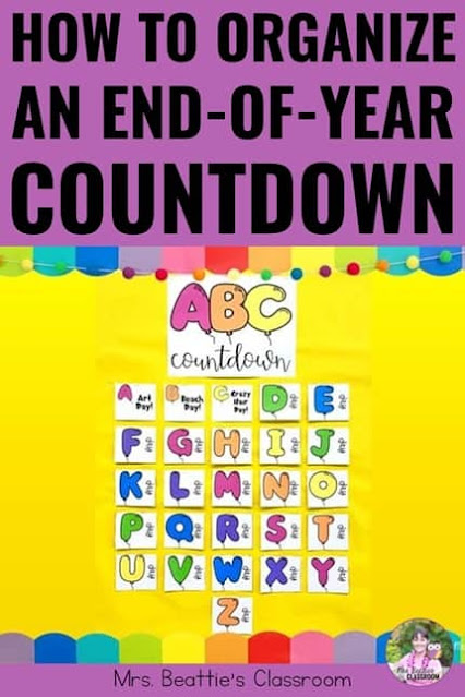 Photo of ABC Countdown bulletin board with text "How to Organize a Fun End of Year ABC Countdown"