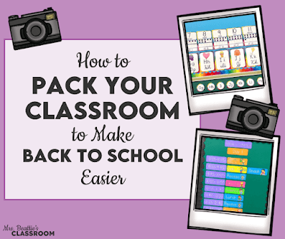 Photos of classroom displays with text, "How to pack your classroom to make back to school easier."