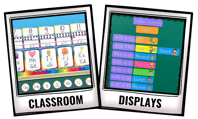 Polaroid-style images with photos of classroom displays.