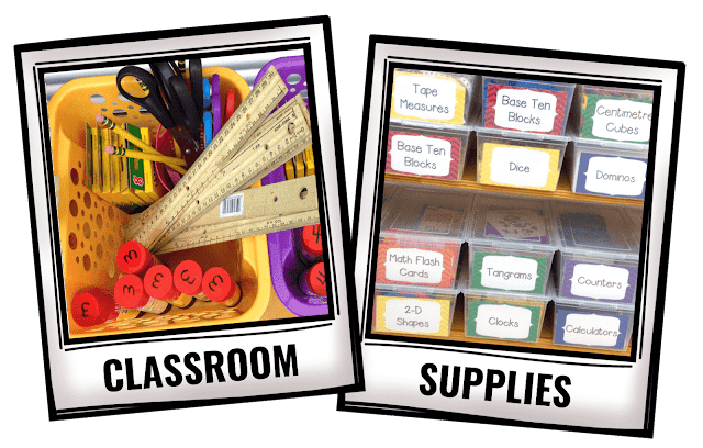 Polaroid-style images with photos of classroom supplies.