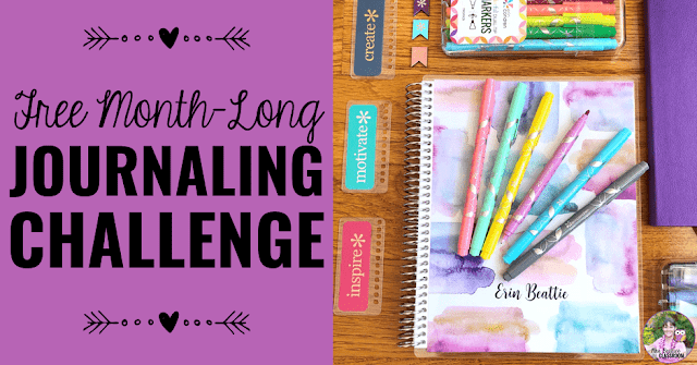 Journal Supplies with text, "Free Month-Long Journaling Challenge."
