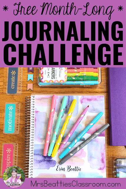 Journaling supplies with text, "Free Month-Long Journaling Challenge."