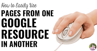 Hand holding computer mouse with text, "How to Easily Use Pages From One Google Resource in Another."