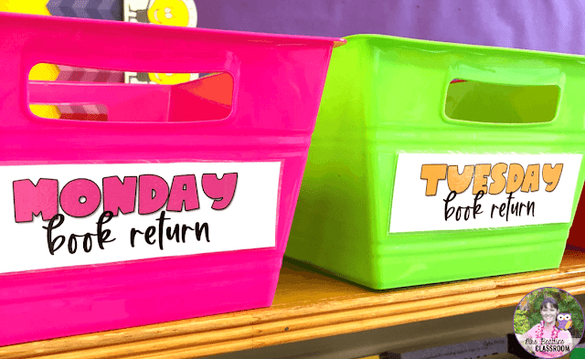 Classroom library quarantine bins.