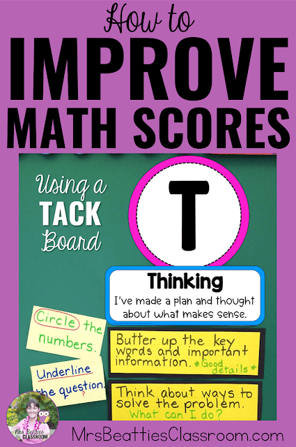 Photo of the Thinking section of a TACK Board with text, "How to Improve Math Scores Using a TACK Board."