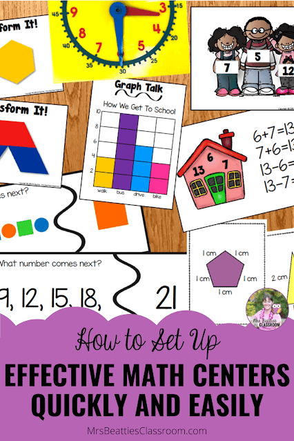 Photo of math centers with text, "How to Set Up Effective Math Centers Quickly and Easily This Year."