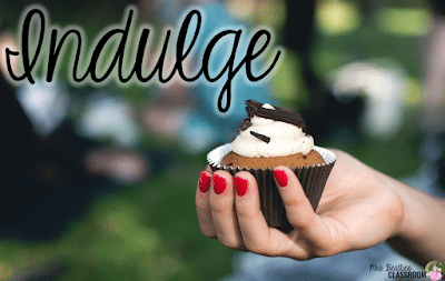 Photo of woman holding cupcake with text, "Indulge."