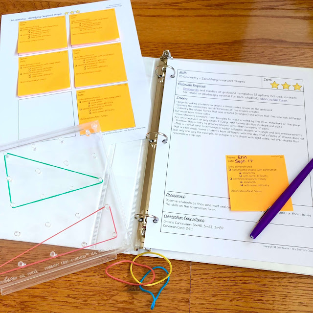 Photo of guided math lessons and observation forms on sticky notes. There is a geoboard with elastics in the bottom-left corner and a pen in the bottom-right.