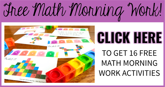 Photo of math task cards with text, "Click here to get 16 Free Math Morning Work Activities."