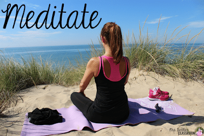 Photo of woman meditating on beach with text, "Meditate."