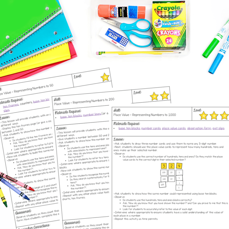 Differentiated guided math lessons on student desk with supplies.