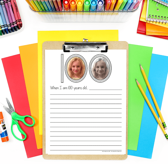 Photo of "When I am 100 years old" writing page with colorful school supplies and clipboard.