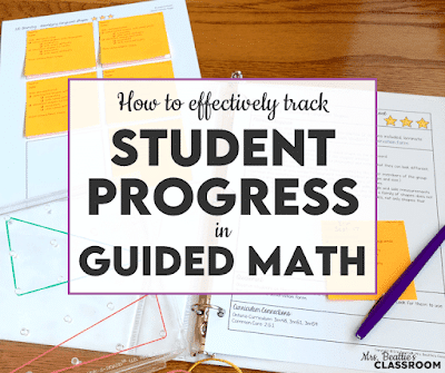 Photo of Guided Math resources with text, "How to Effectively Track Student Progress in Guided Math"