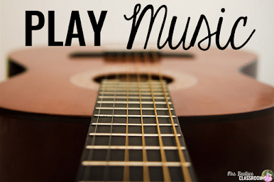 Photo of guitar with text, "Play music."