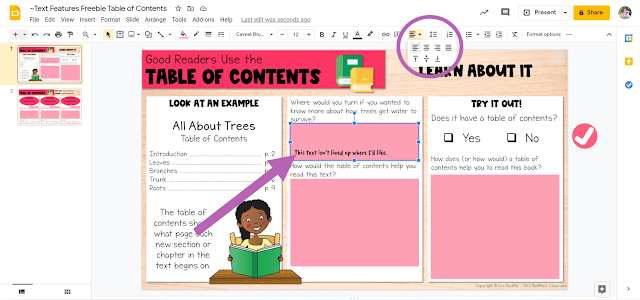 Screenshot depicting how to change text alignment in Google Slides file